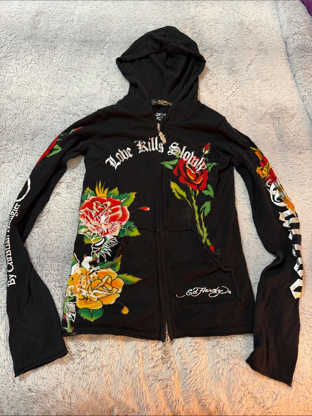 Ed Hardy Black Zip Hoodie with Red & Yellow Rose Graphics